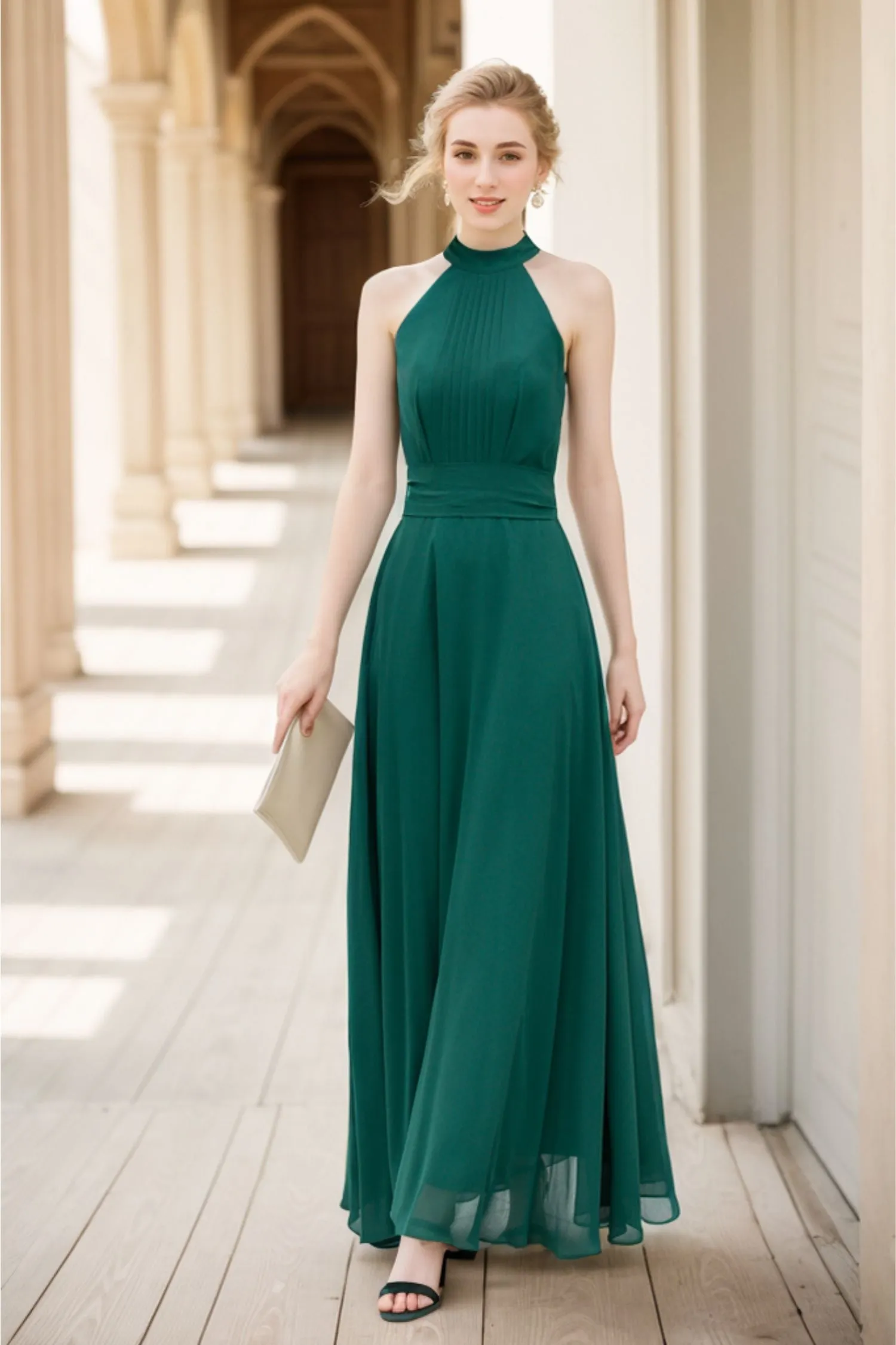 Dark green maxi halter summer party dress 5172