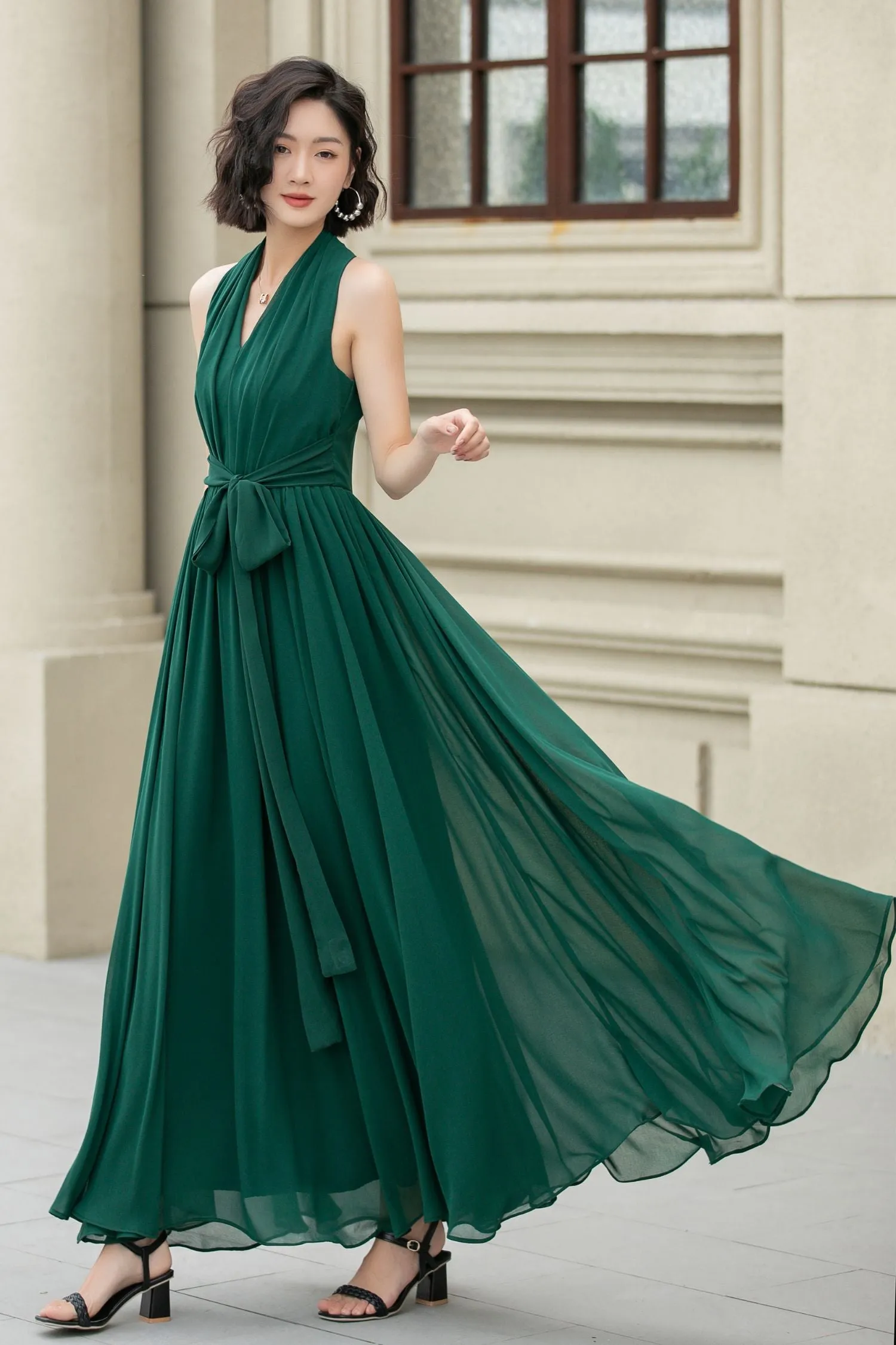 Dark green maxi halter summer party dress 5172