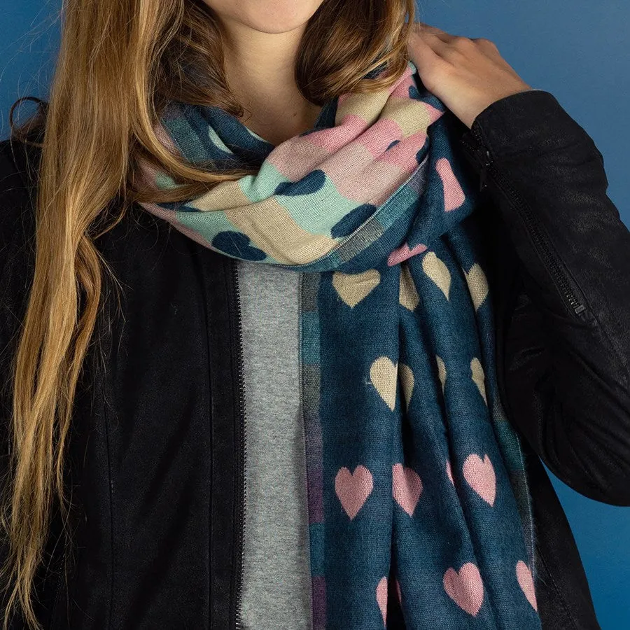 Denim & Pastel Reversible Multicoloured Heart & Check Scarf