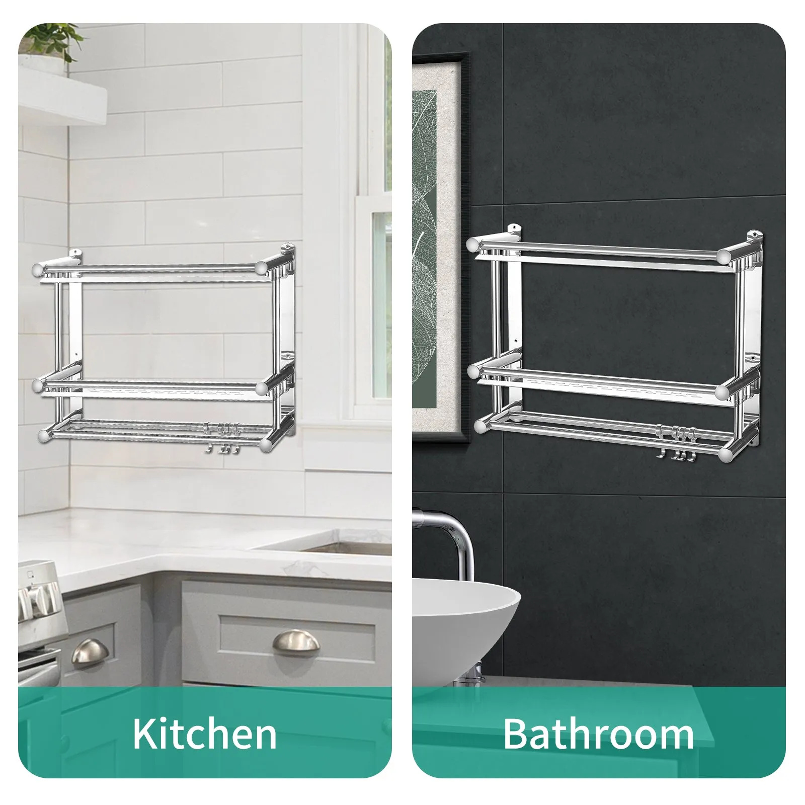 Double-layer Shower Shelf With 2 Towel Bar