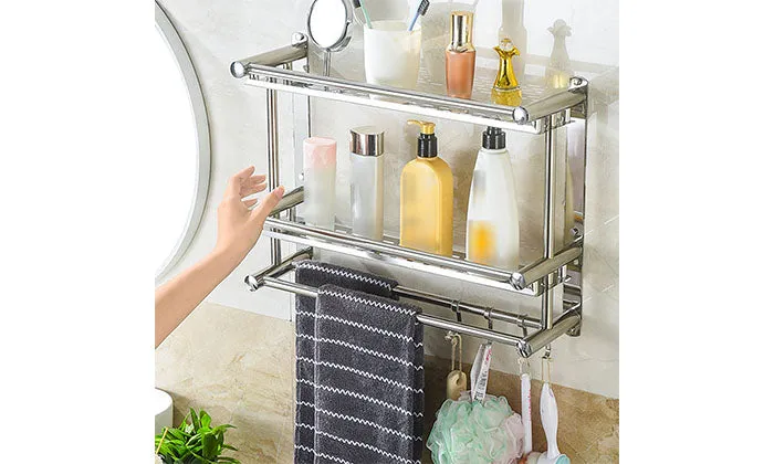 Double-layer Shower Shelf With 2 Towel Bar