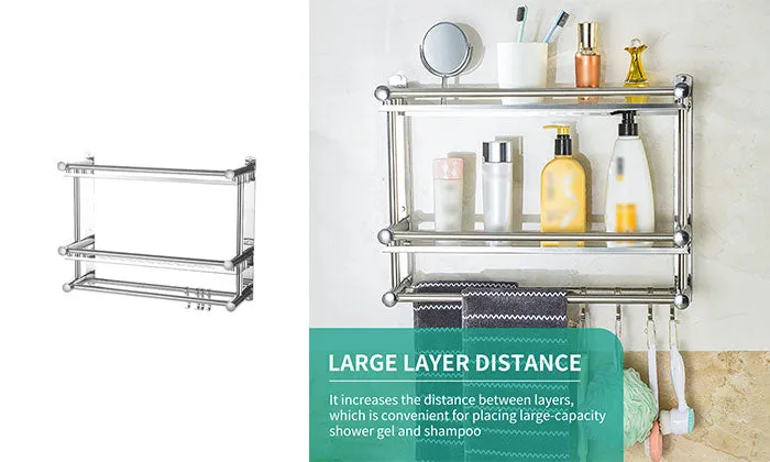 Double-layer Shower Shelf With 2 Towel Bar