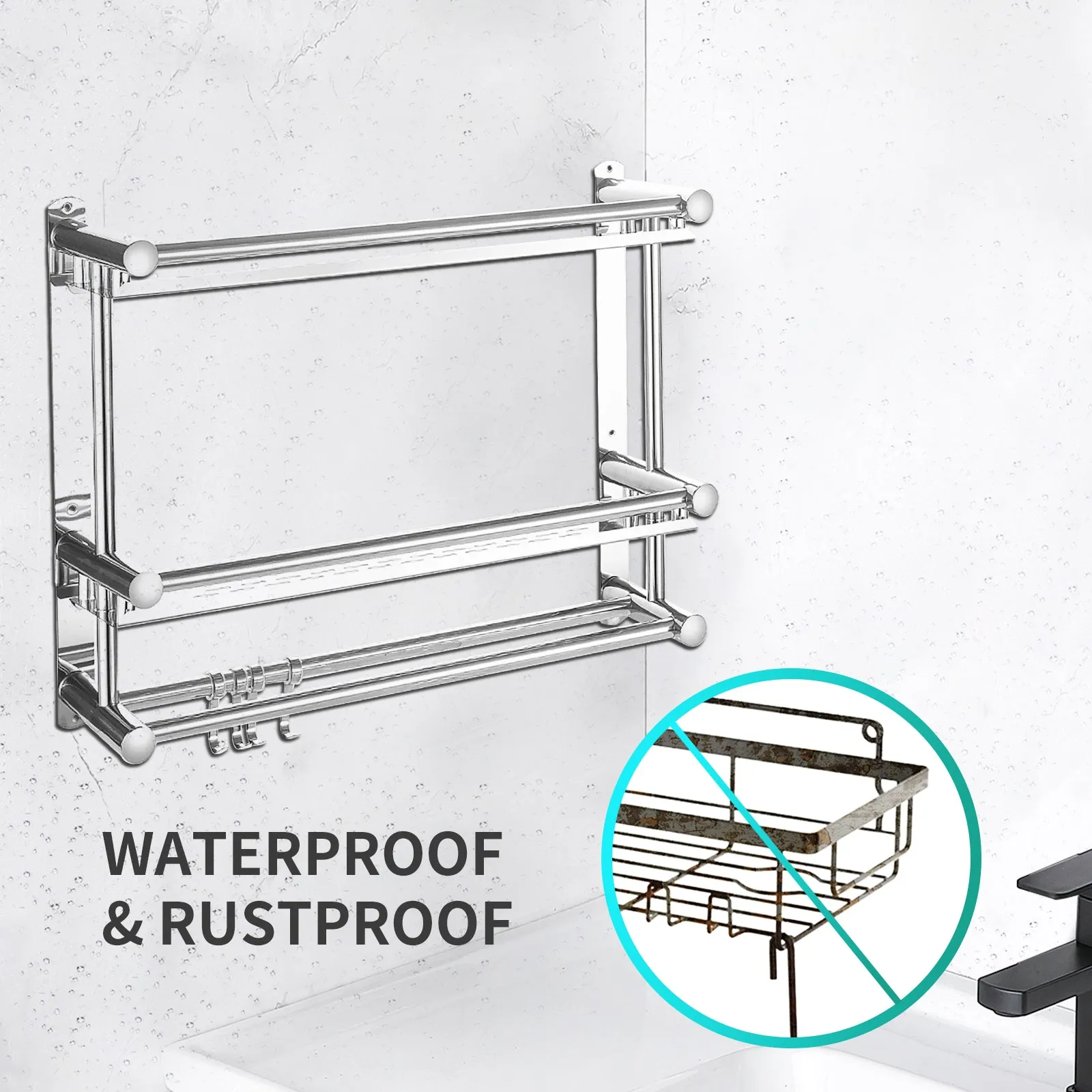 Double-layer Shower Shelf With 2 Towel Bar