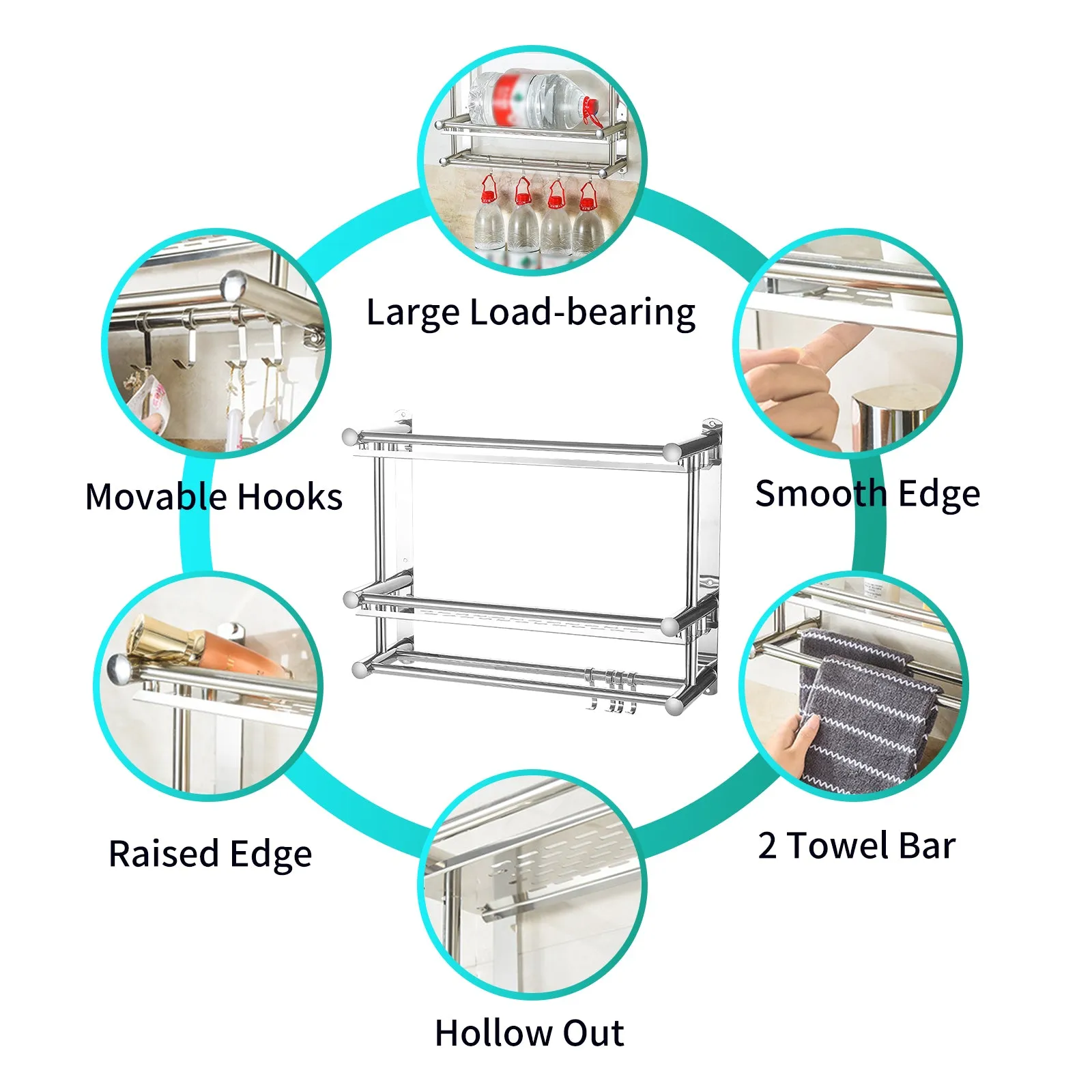 Double-layer Shower Shelf With 2 Towel Bar