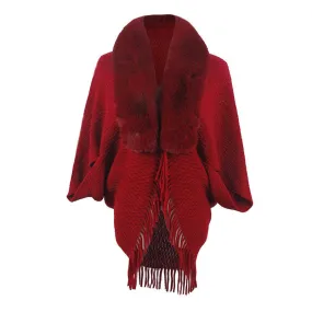 Drizzling Fur Collar Knitted Tassel Cape Coat Women