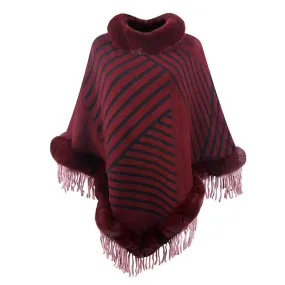 Drizzling Fur Collar Pullover Tassel Knitted Cape For Women