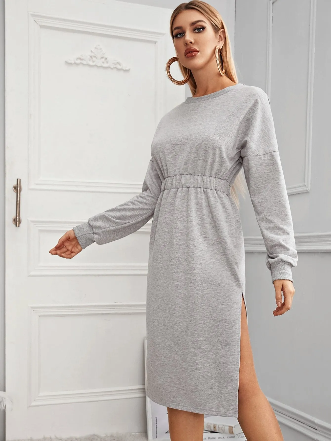 Drop Shoulder Split Thigh Sweatshirt Dress