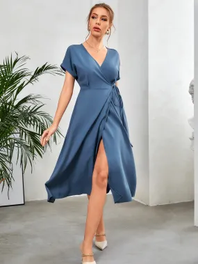 Dusty Blue V-Neck Batwing Sleeve Wrap Tie Side Dress