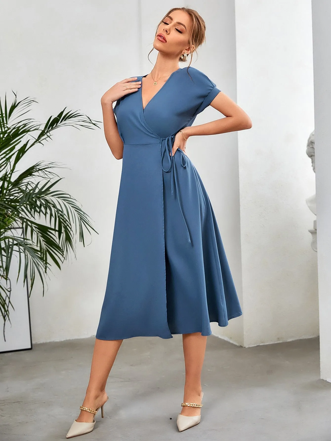 Dusty Blue V-Neck Batwing Sleeve Wrap Tie Side Dress