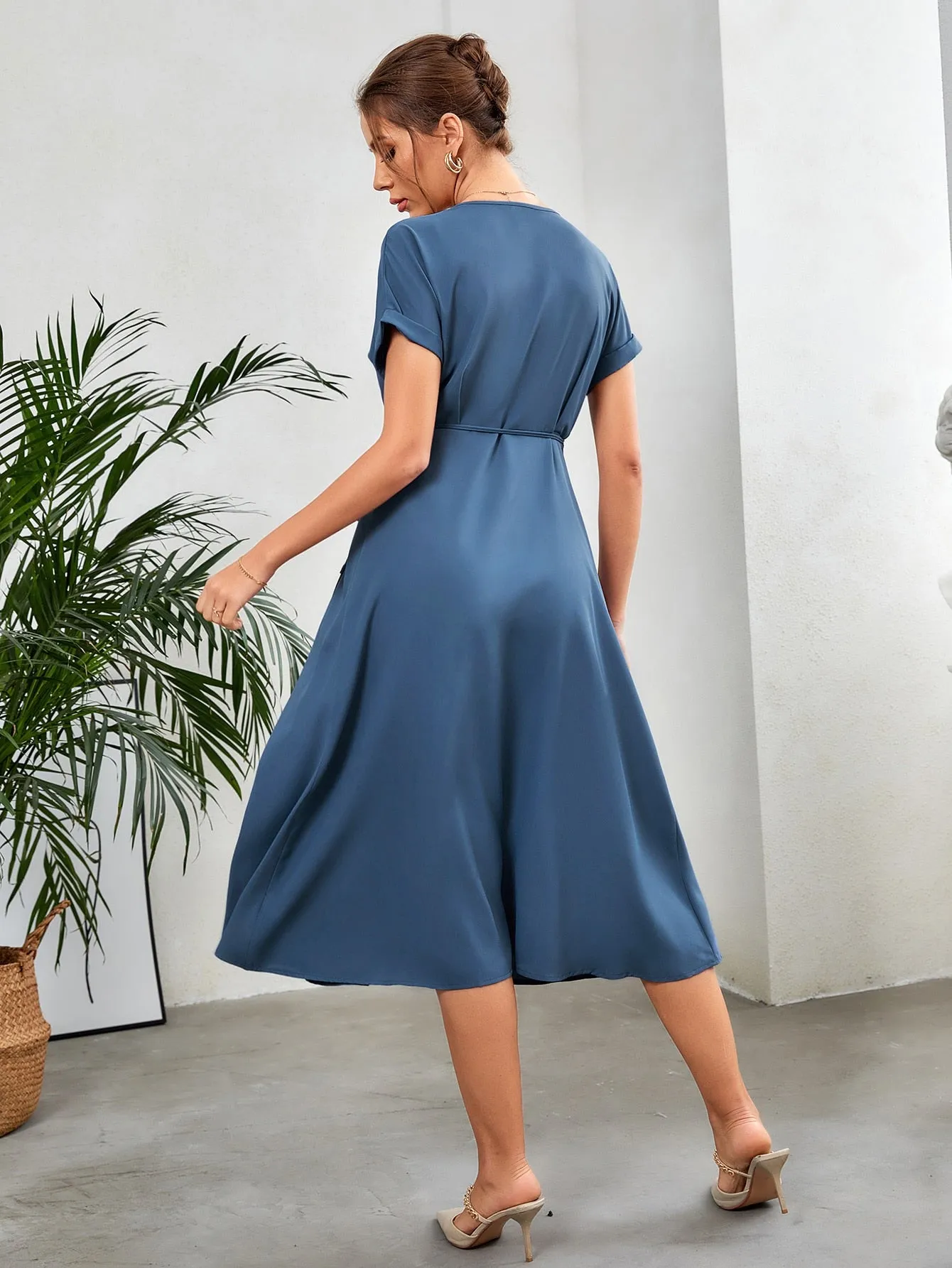 Dusty Blue V-Neck Batwing Sleeve Wrap Tie Side Dress