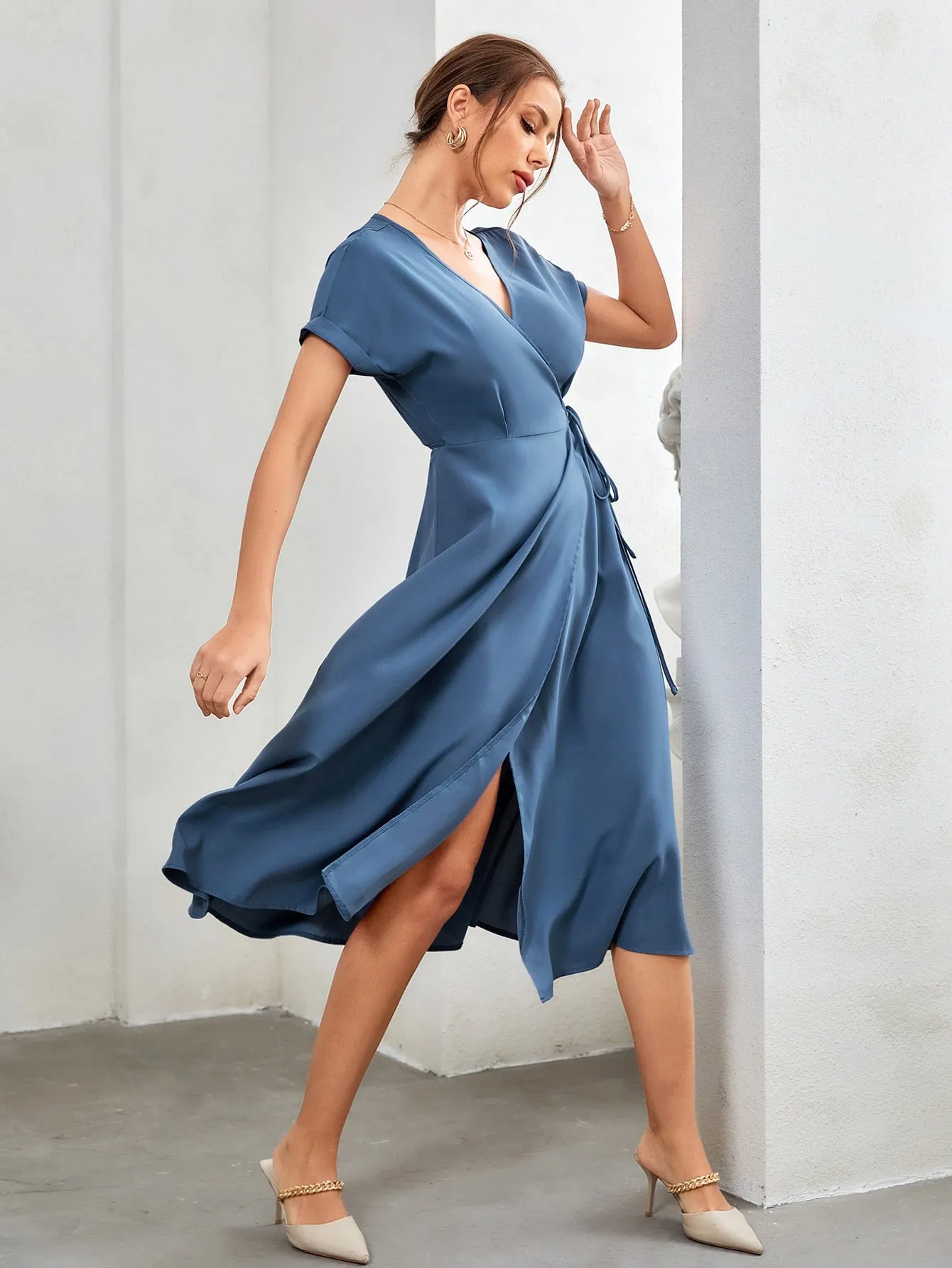 Dusty Blue V-Neck Batwing Sleeve Wrap Tie Side Dress