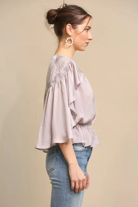 Dusty Lavender Cape Sleeve and Elastic Waist Blouse