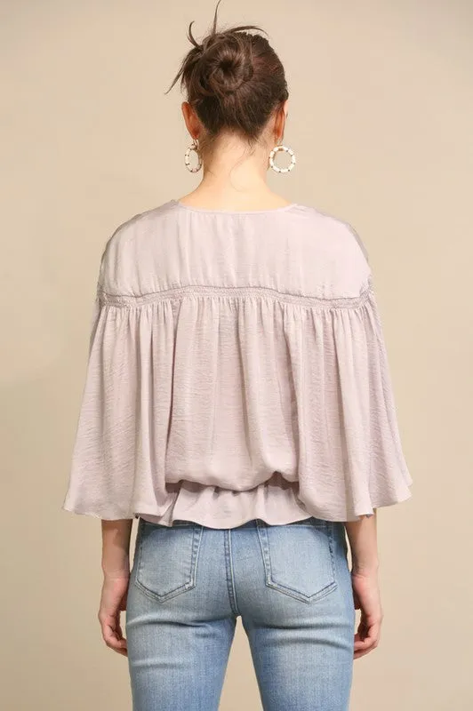 Dusty Lavender Cape Sleeve and Elastic Waist Blouse