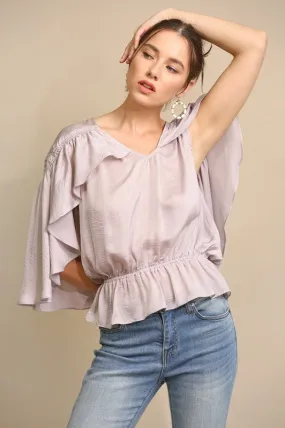 Dusty Lavender Cape Sleeve and Elastic Waist Blouse