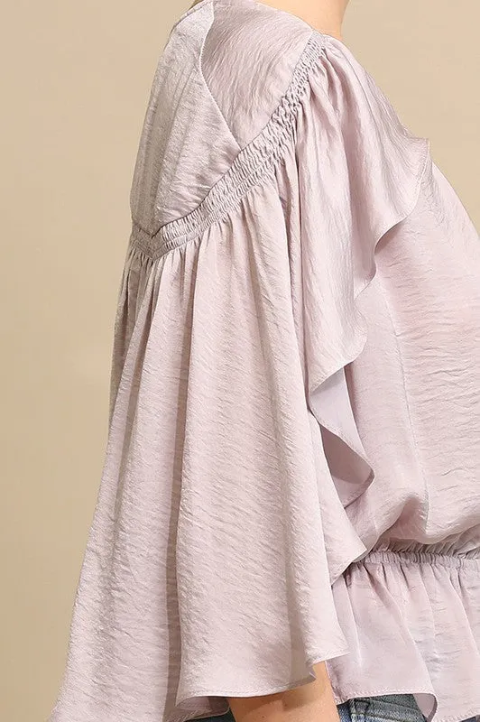 Dusty Lavender Cape Sleeve and Elastic Waist Blouse