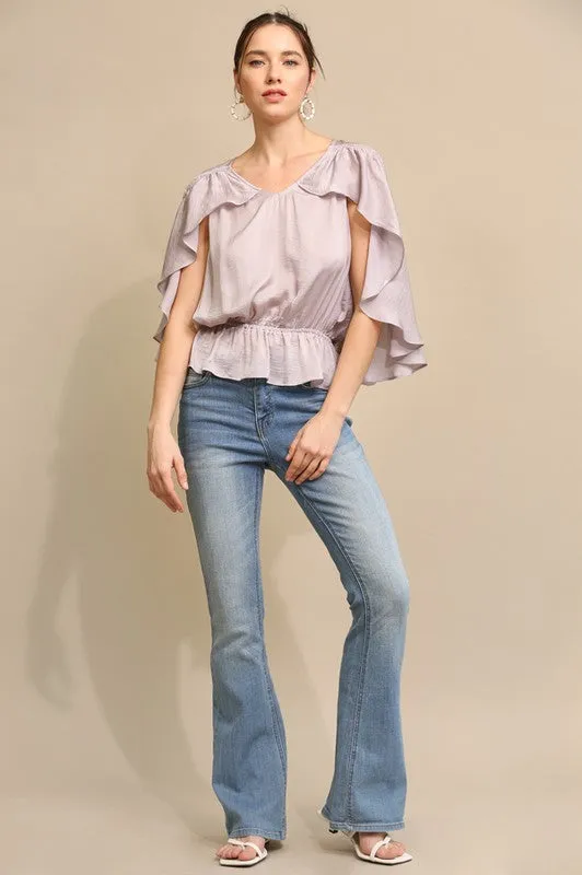 Dusty Lavender Cape Sleeve and Elastic Waist Blouse