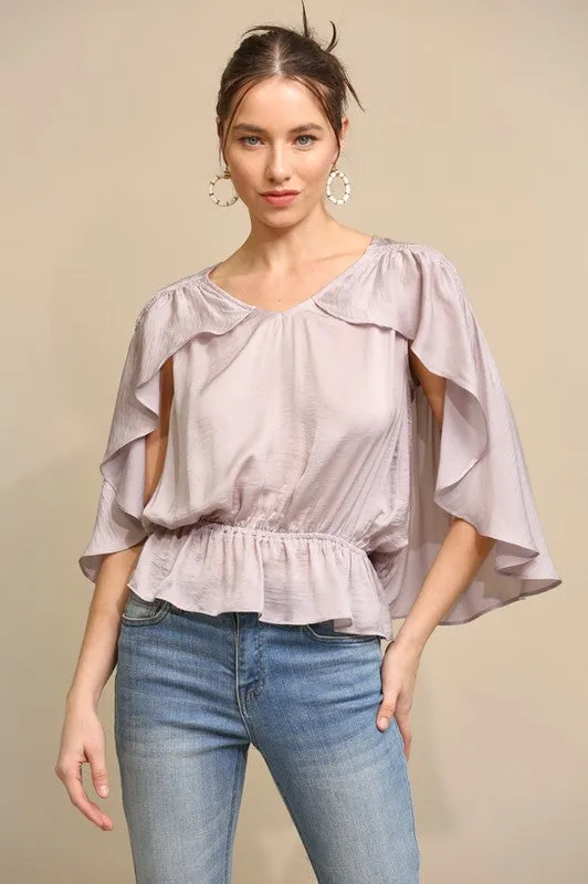 Dusty Lavender Cape Sleeve and Elastic Waist Blouse