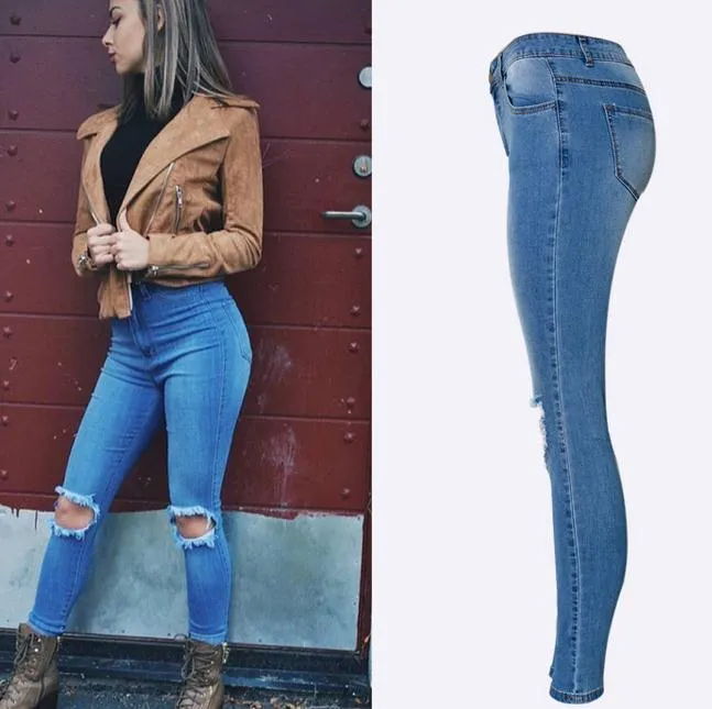 Elastic High Waist Plus Size Holes Slim Jeans