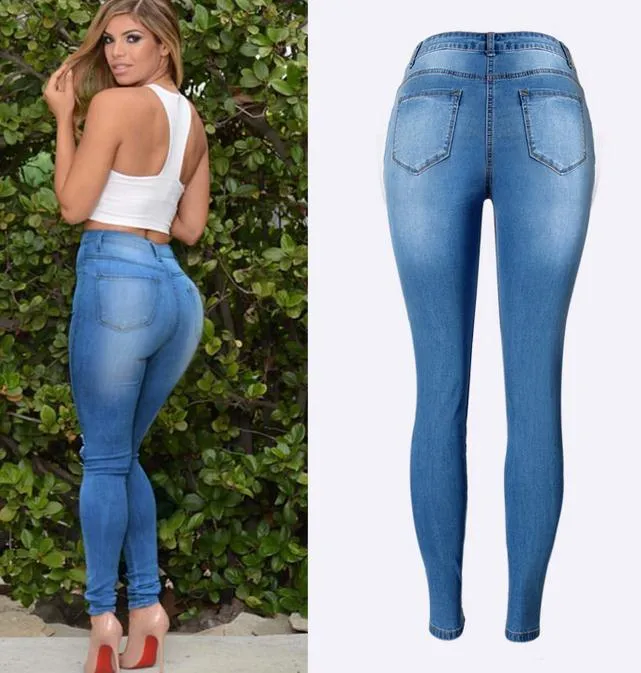 Elastic High Waist Plus Size Holes Slim Jeans