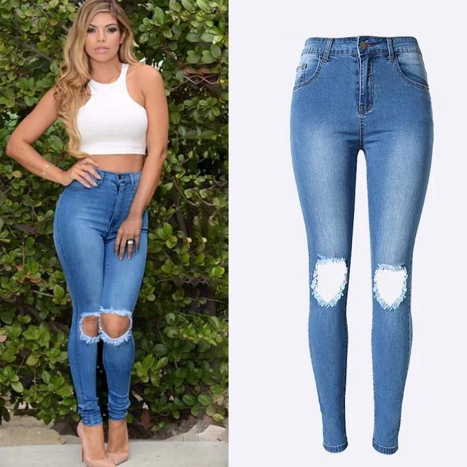 Elastic High Waist Plus Size Holes Slim Jeans