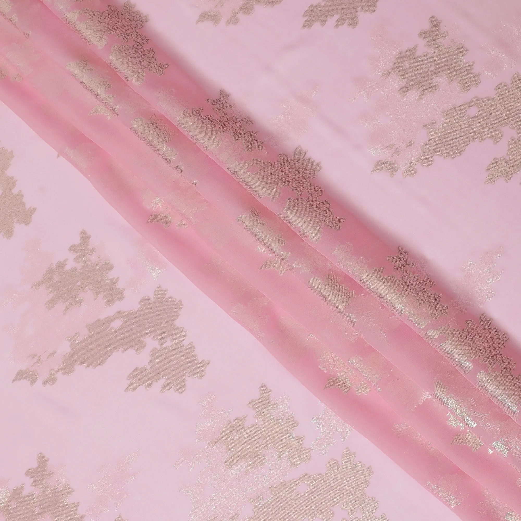 Elegant Baby Pink Silk Chiffon Fabric with Metallic Lurex Floral Design, 110 cm Width, South Korea-D19718