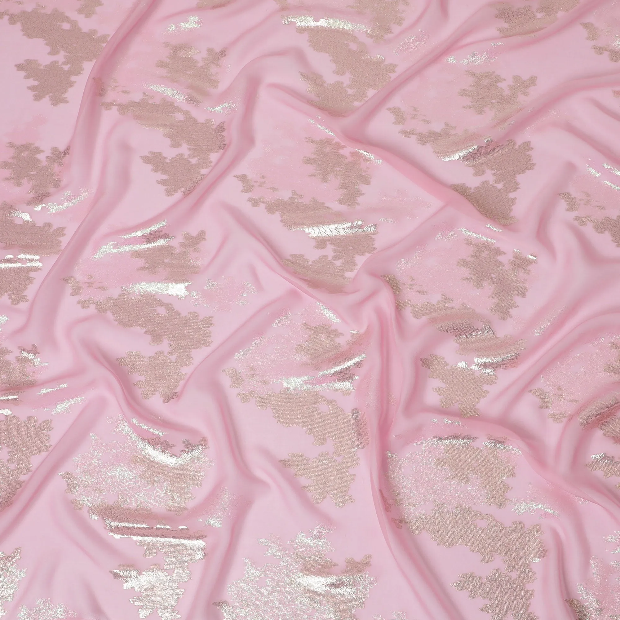 Elegant Baby Pink Silk Chiffon Fabric with Metallic Lurex Floral Design, 110 cm Width, South Korea-D19718