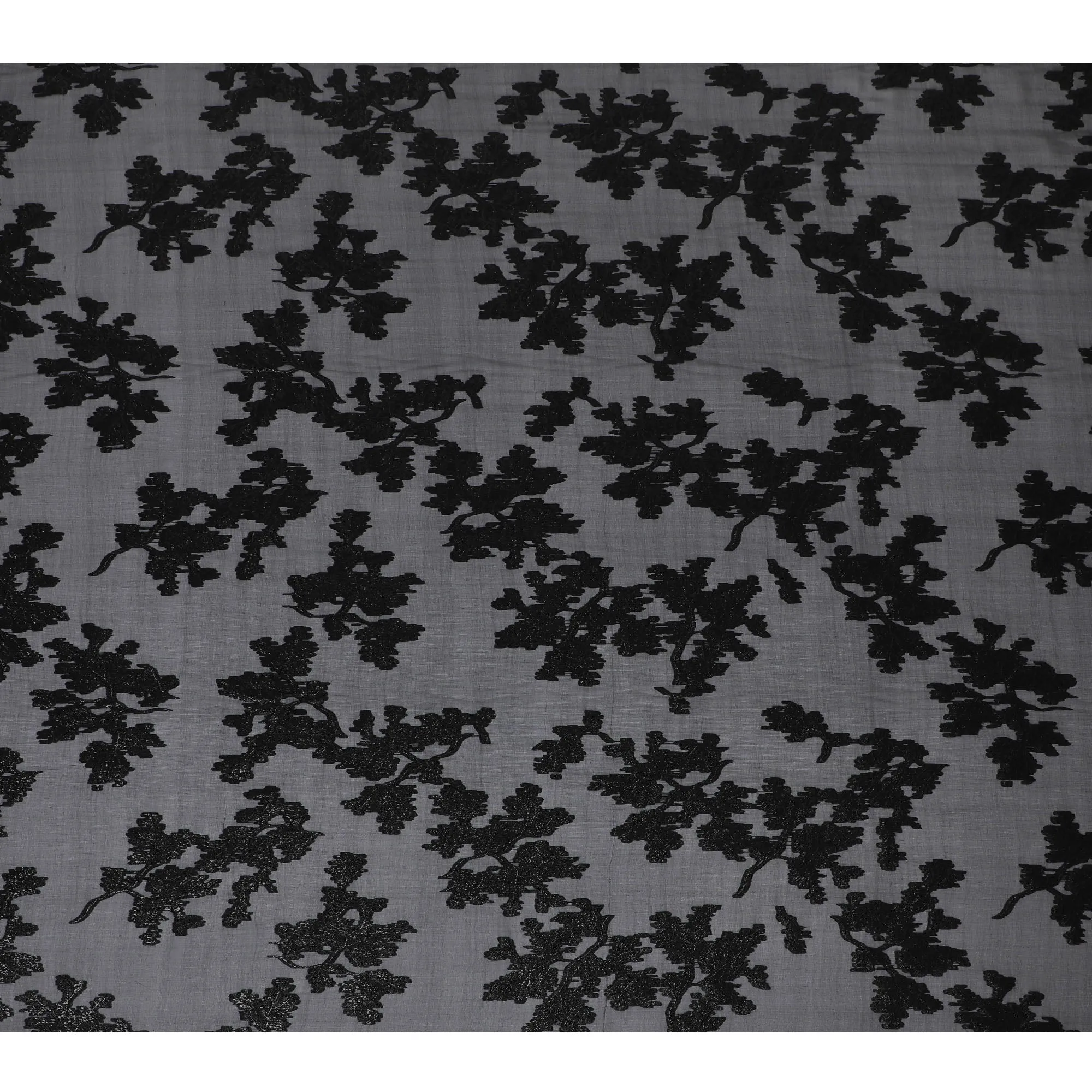 Elegant Black Silk Chiffon Fabric with Metallic Lurex Floral Design, 110 cm Width, South Korea-D19727