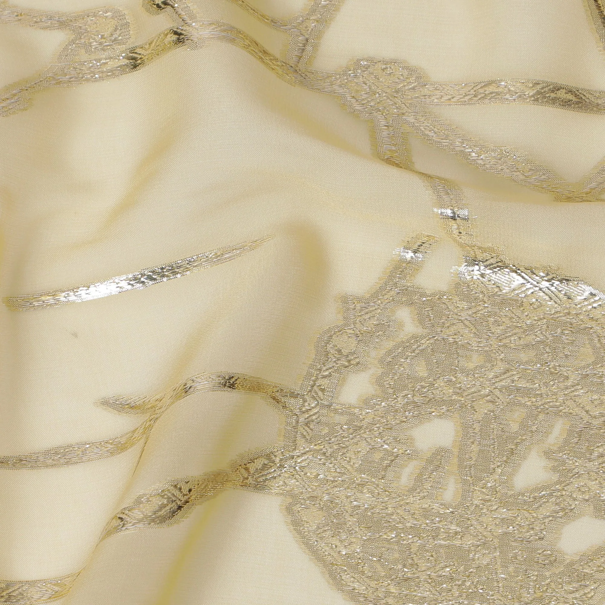 Elegant Gold Silk Chiffon Fabric with Metallic Lurex Geometric Floral Design, 110 cm Width, South Korea-D19730