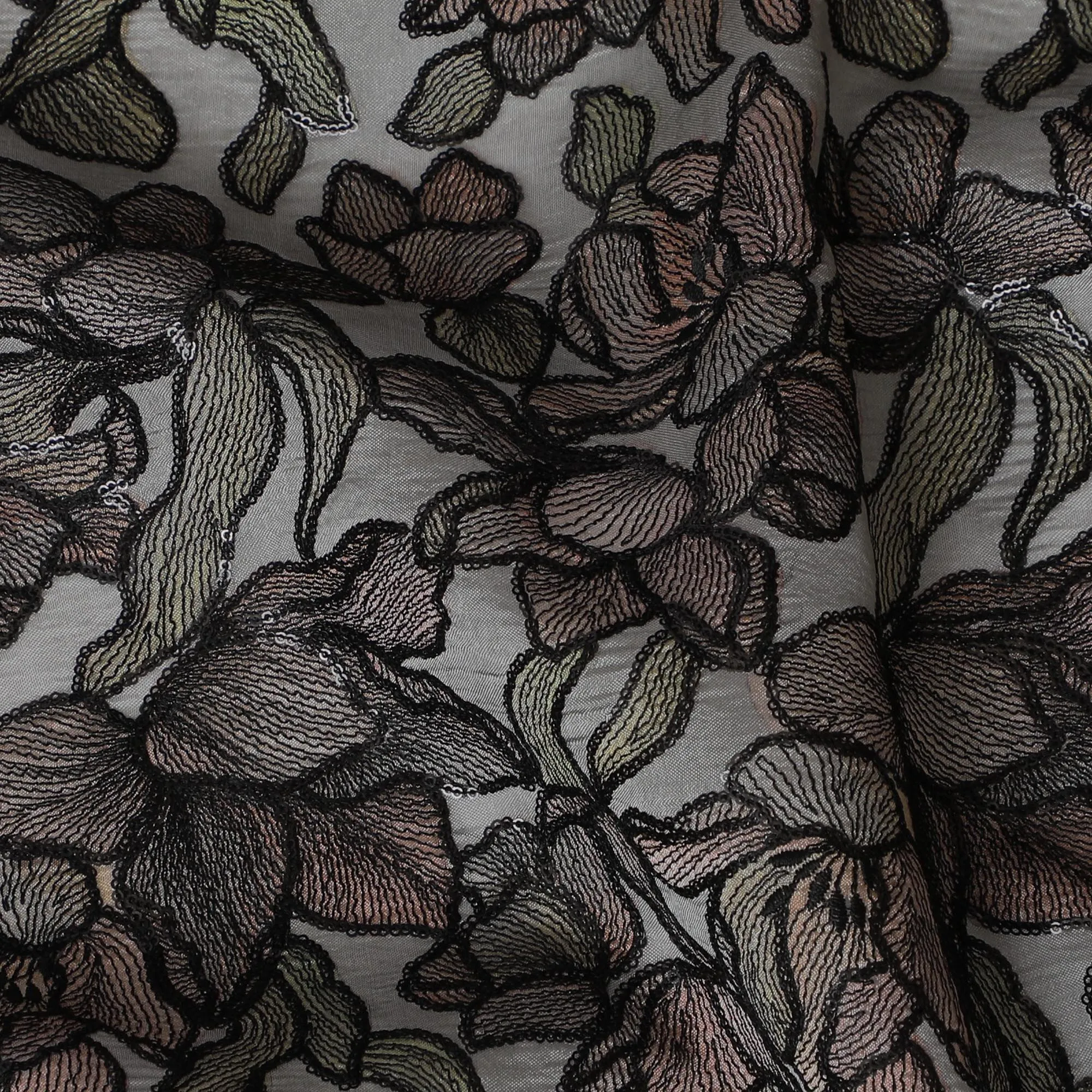 Elegant Grey Silk Organza Fabric with Black and Brown Floral Embroidery - 110 cm Wide - D19626