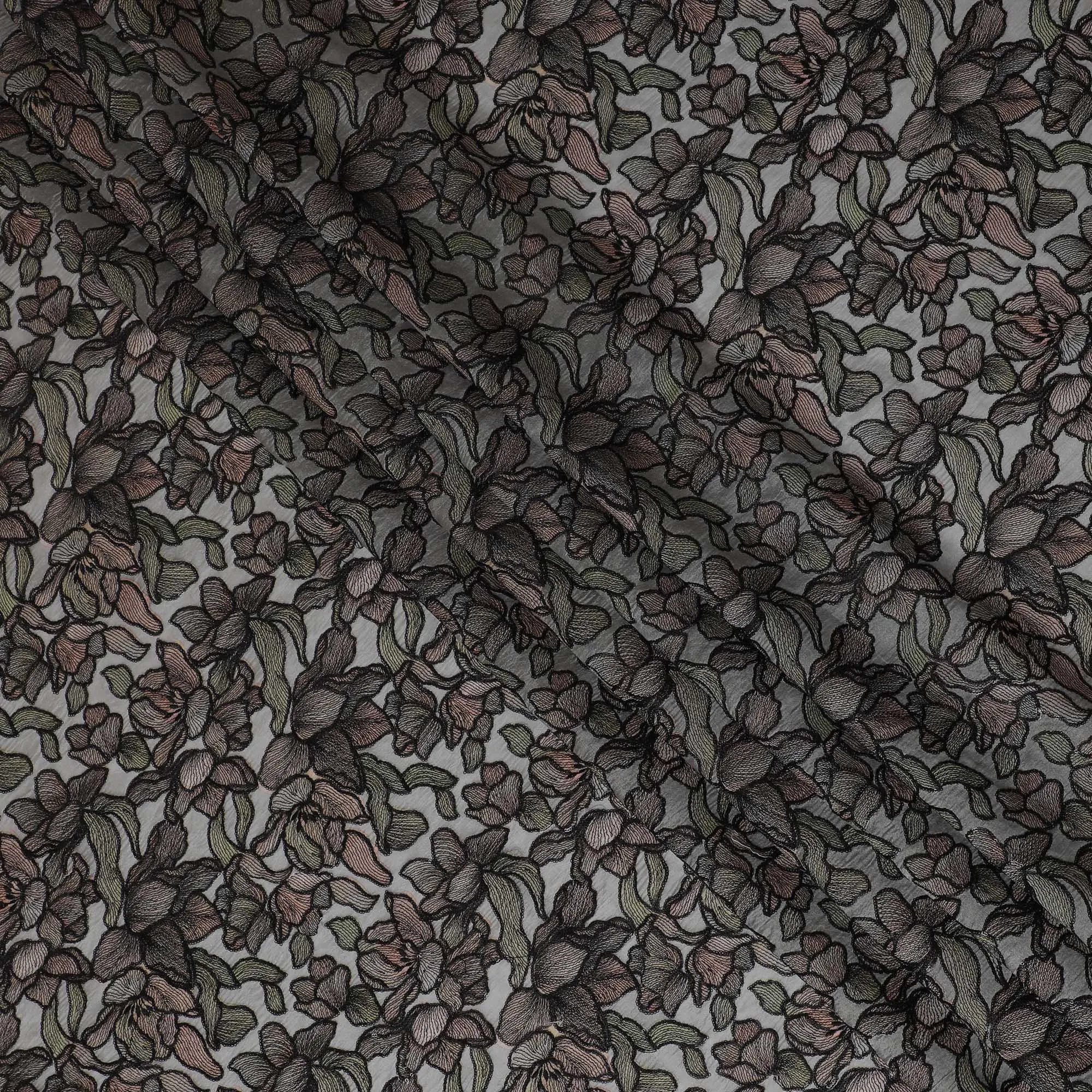 Elegant Grey Silk Organza Fabric with Black and Brown Floral Embroidery - 110 cm Wide - D19626