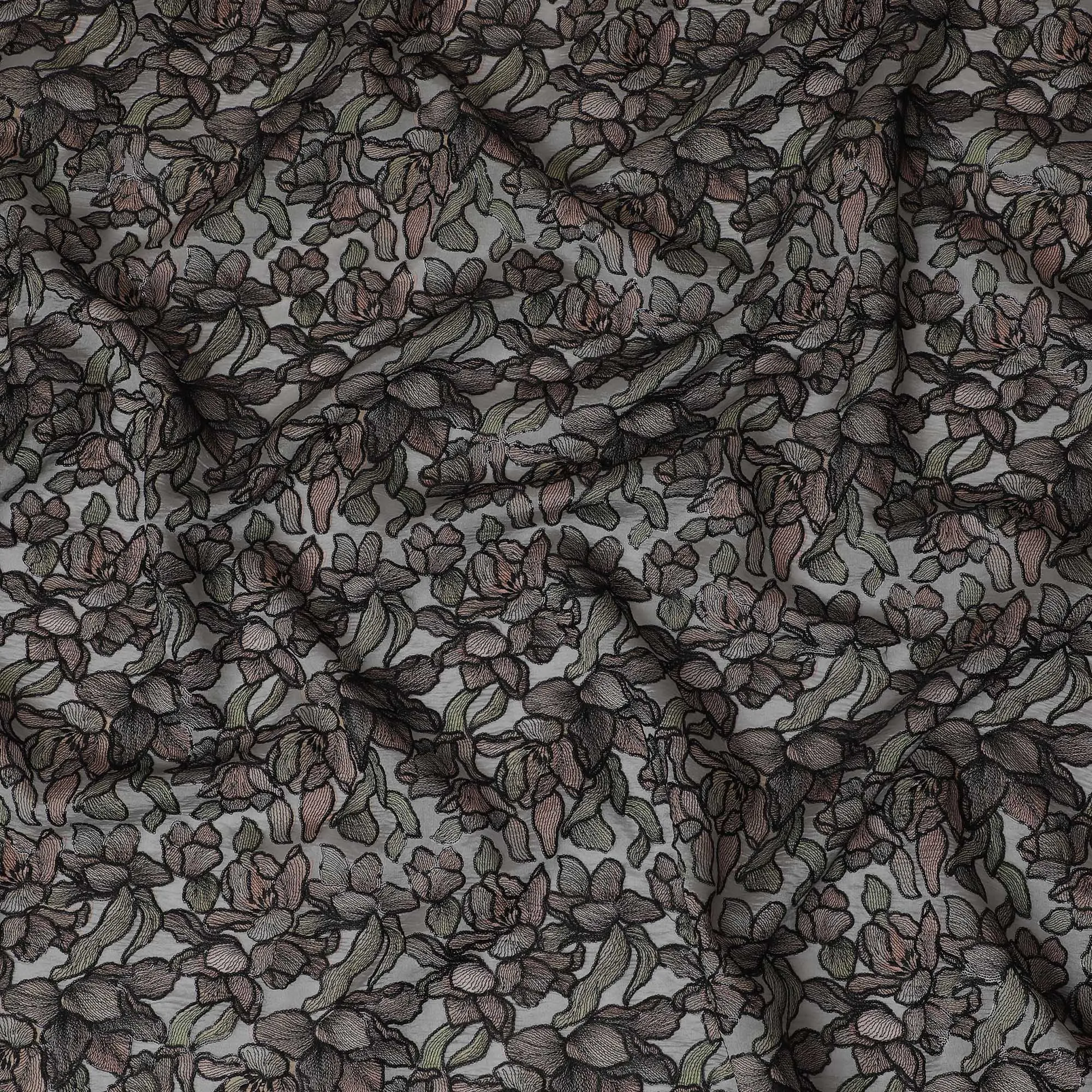 Elegant Grey Silk Organza Fabric with Black and Brown Floral Embroidery - 110 cm Wide - D19626