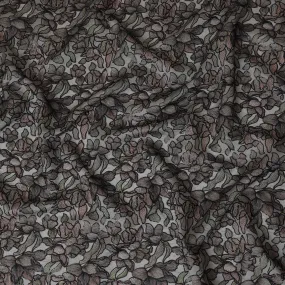 Elegant Grey Silk Organza Fabric with Black and Brown Floral Embroidery - 110 cm Wide - D19626