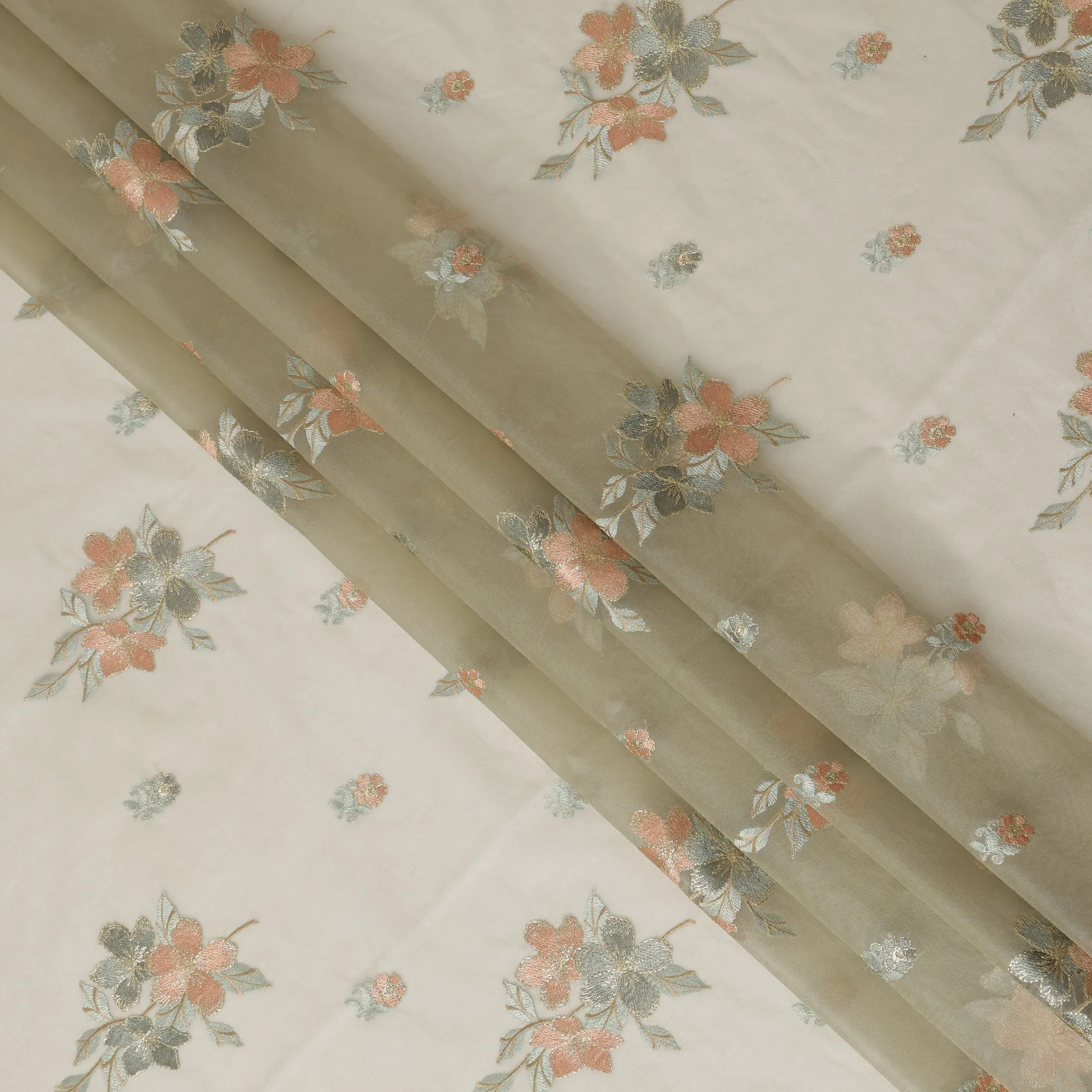 Elegant Lauren green Silk Organza Fabric with Delicate Floral Embroidery, 110 cm Width-D20429