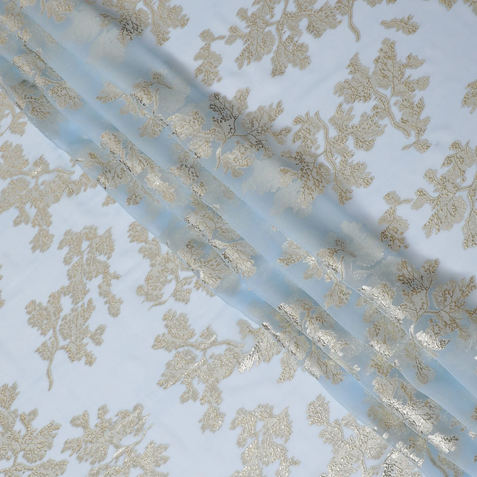 Elegant Light Blue Silk Chiffon Fabric with Metallic Lurex Floral Design, 110 cm Width, South Korea-D19724