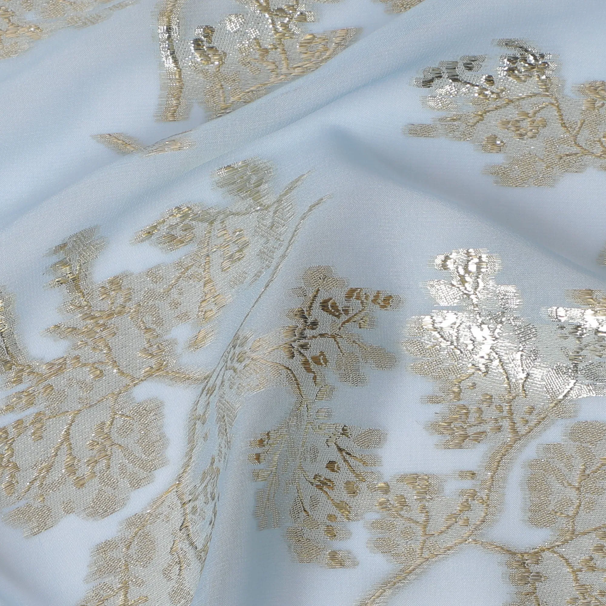 Elegant Light Blue Silk Chiffon Fabric with Metallic Lurex Floral Design, 110 cm Width, South Korea-D19724