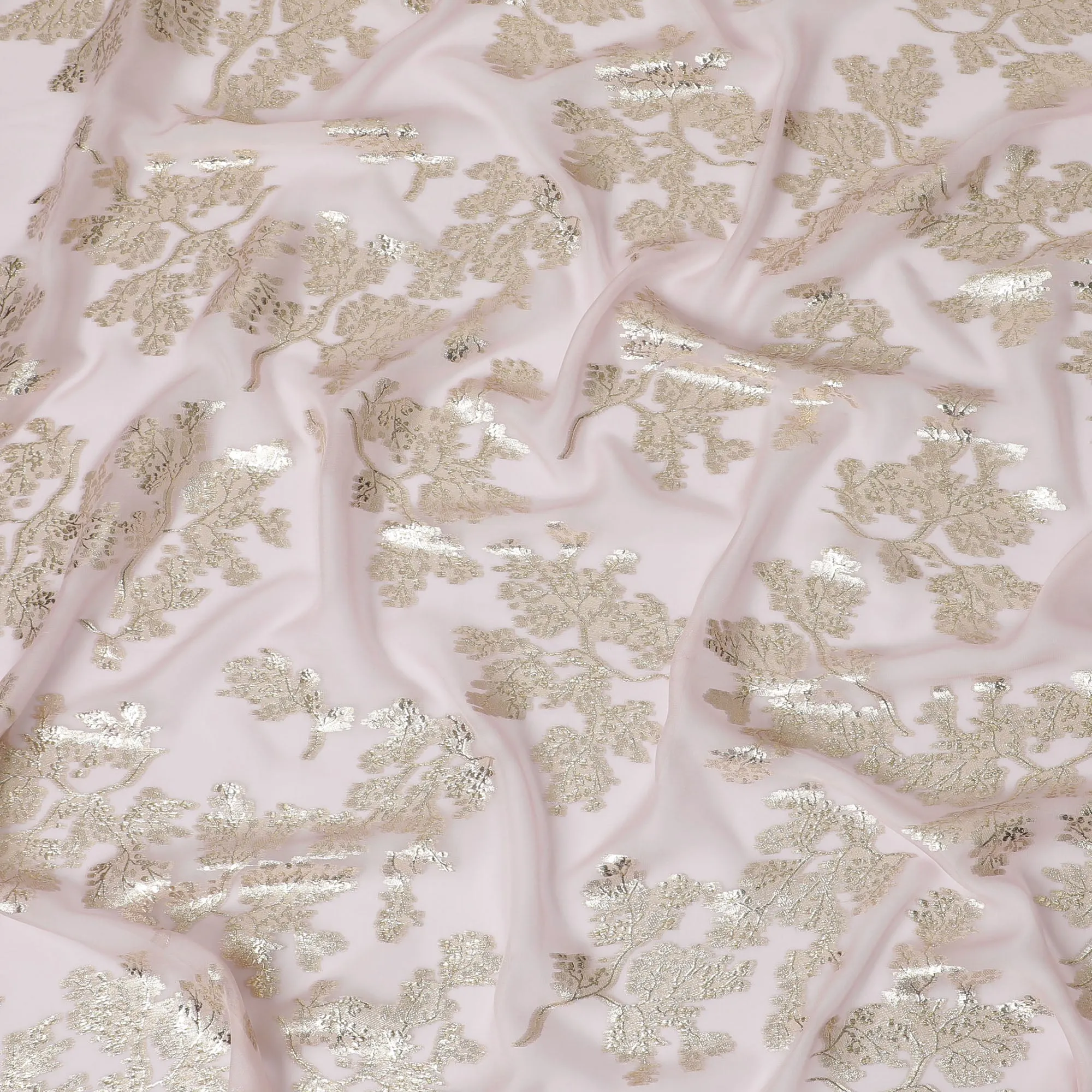 Elegant Light Pink Silk Chiffon Fabric with Metallic Lurex Floral Design, 110 cm Width, South Korea-D19722