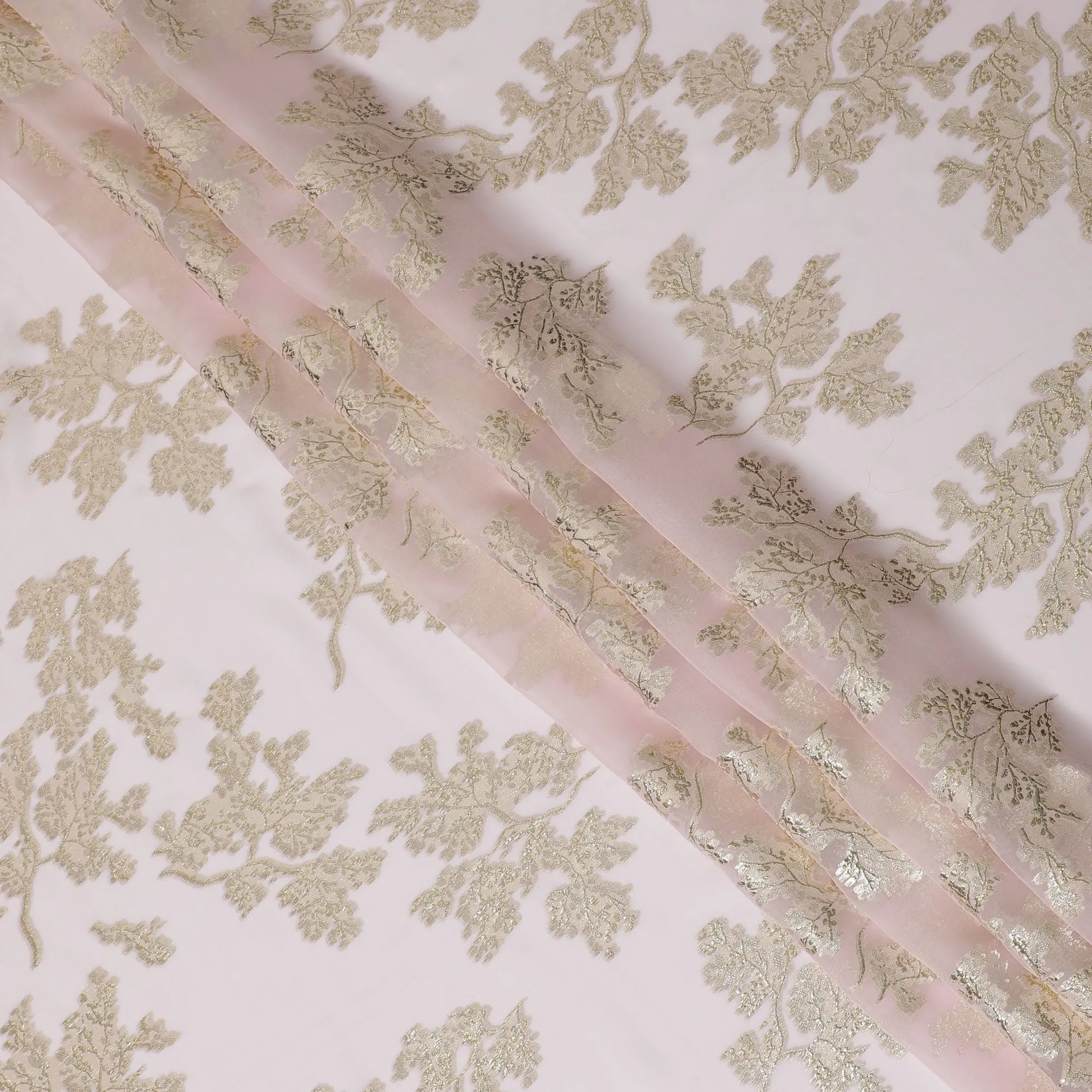 Elegant Light Pink Silk Chiffon Fabric with Metallic Lurex Floral Design, 110 cm Width, South Korea-D19722