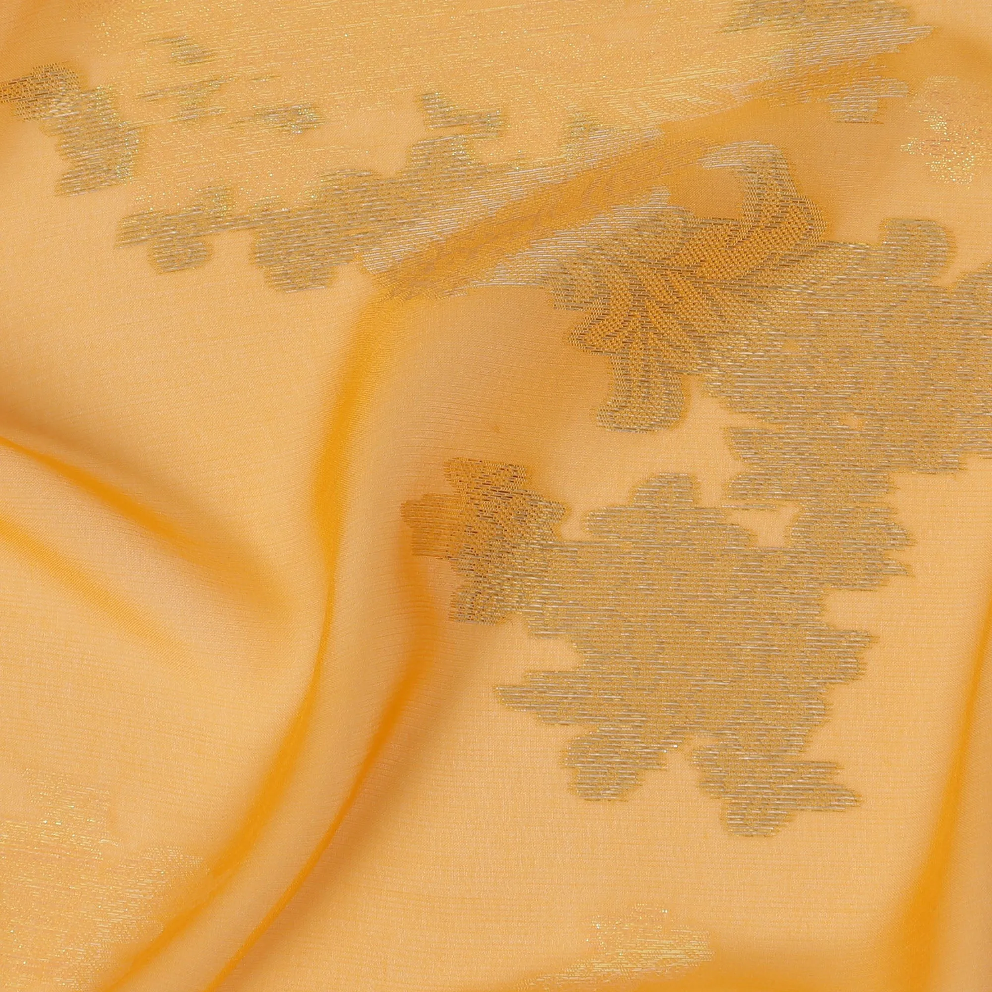 Elegant Mustard Yellow Silk Chiffon Fabric with Metallic Lurex Floral Design, 110 cm Width, South Korea-D19715