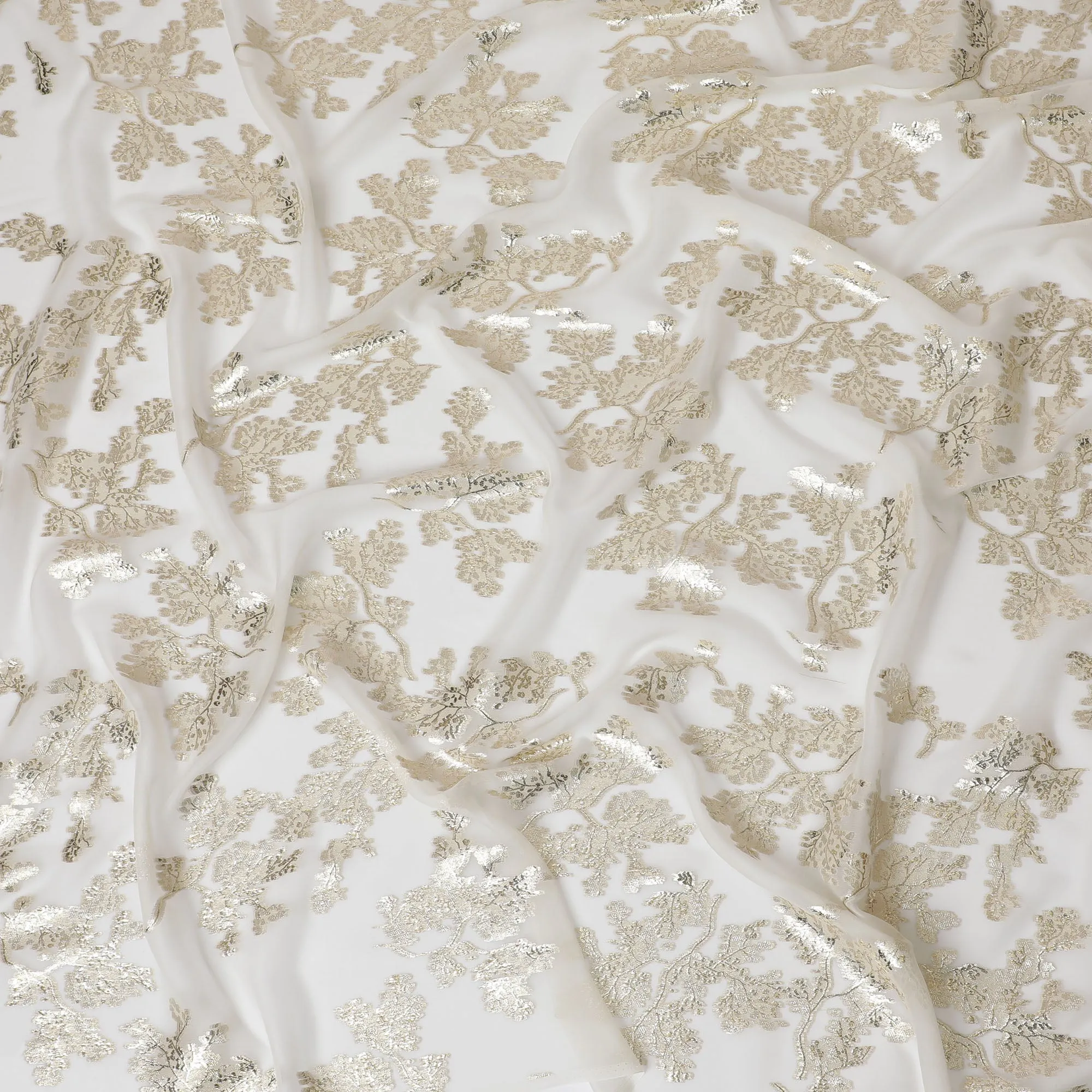 Elegant Off-White Silk Chiffon Fabric with Metallic Lurex Floral Design, 110 cm Width, South Korea-D19726