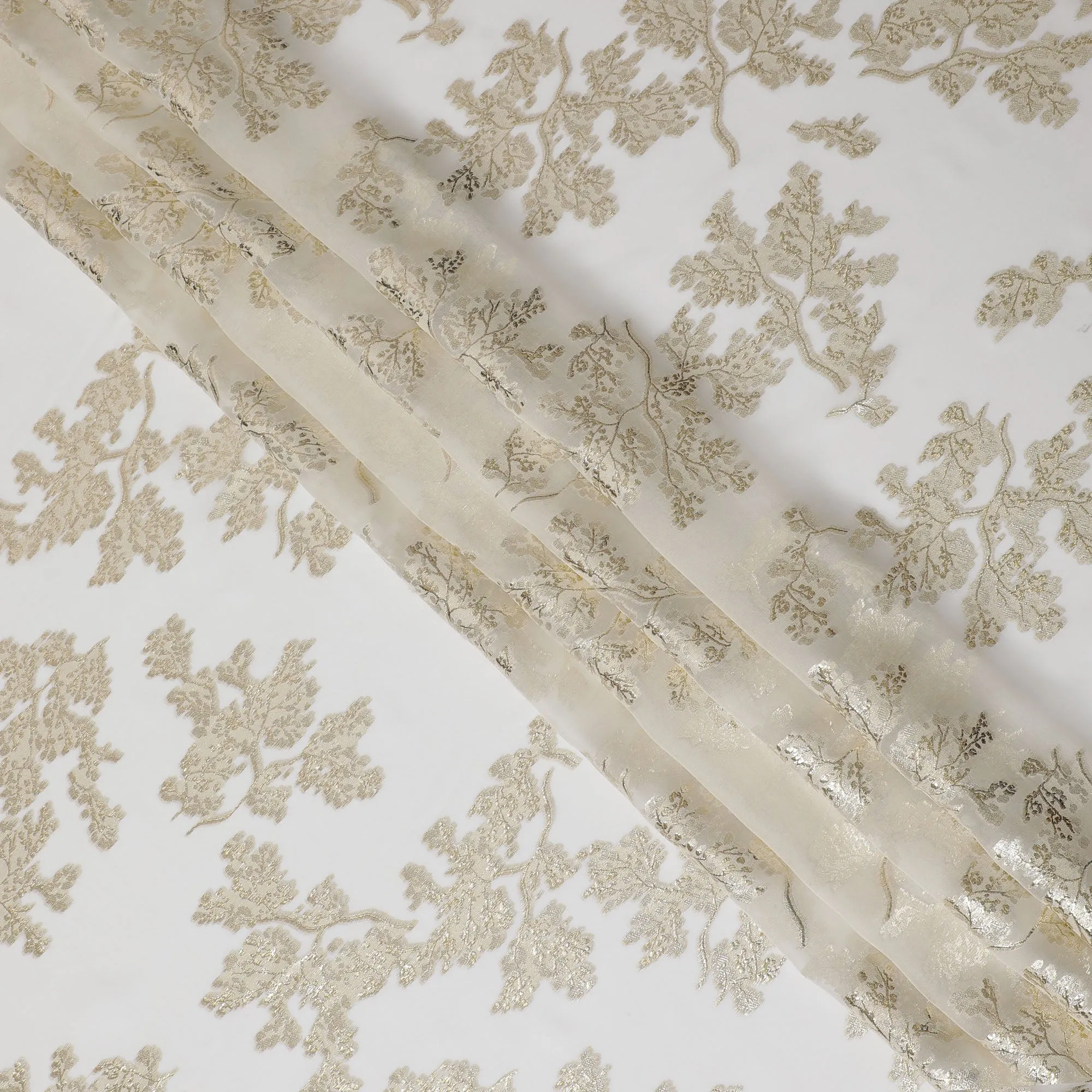 Elegant Off-White Silk Chiffon Fabric with Metallic Lurex Floral Design, 110 cm Width, South Korea-D19726