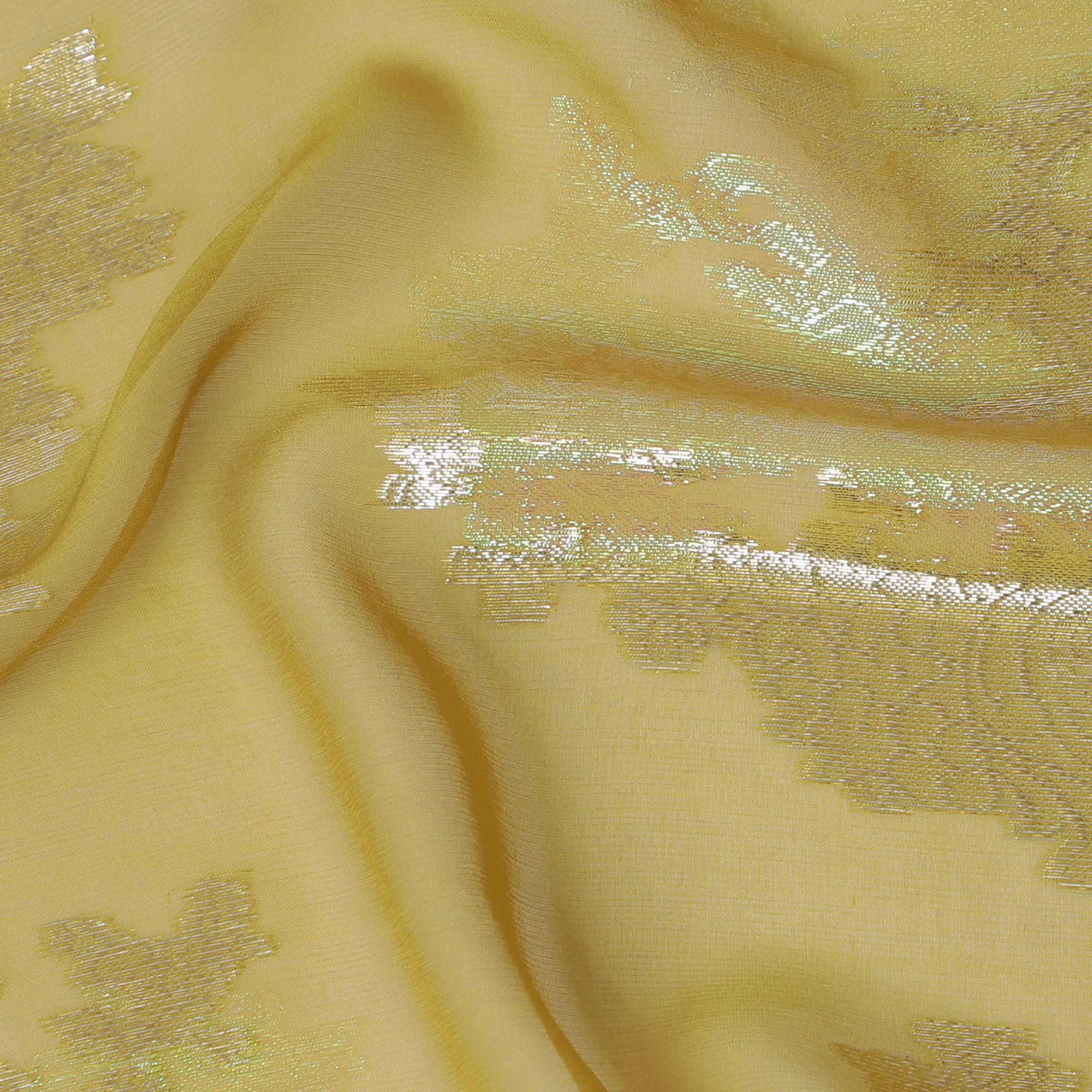 Elegant Pale Yellow Silk Chiffon Fabric with Metallic Lurex Floral Design, 110 cm Width, South Korea-D19716