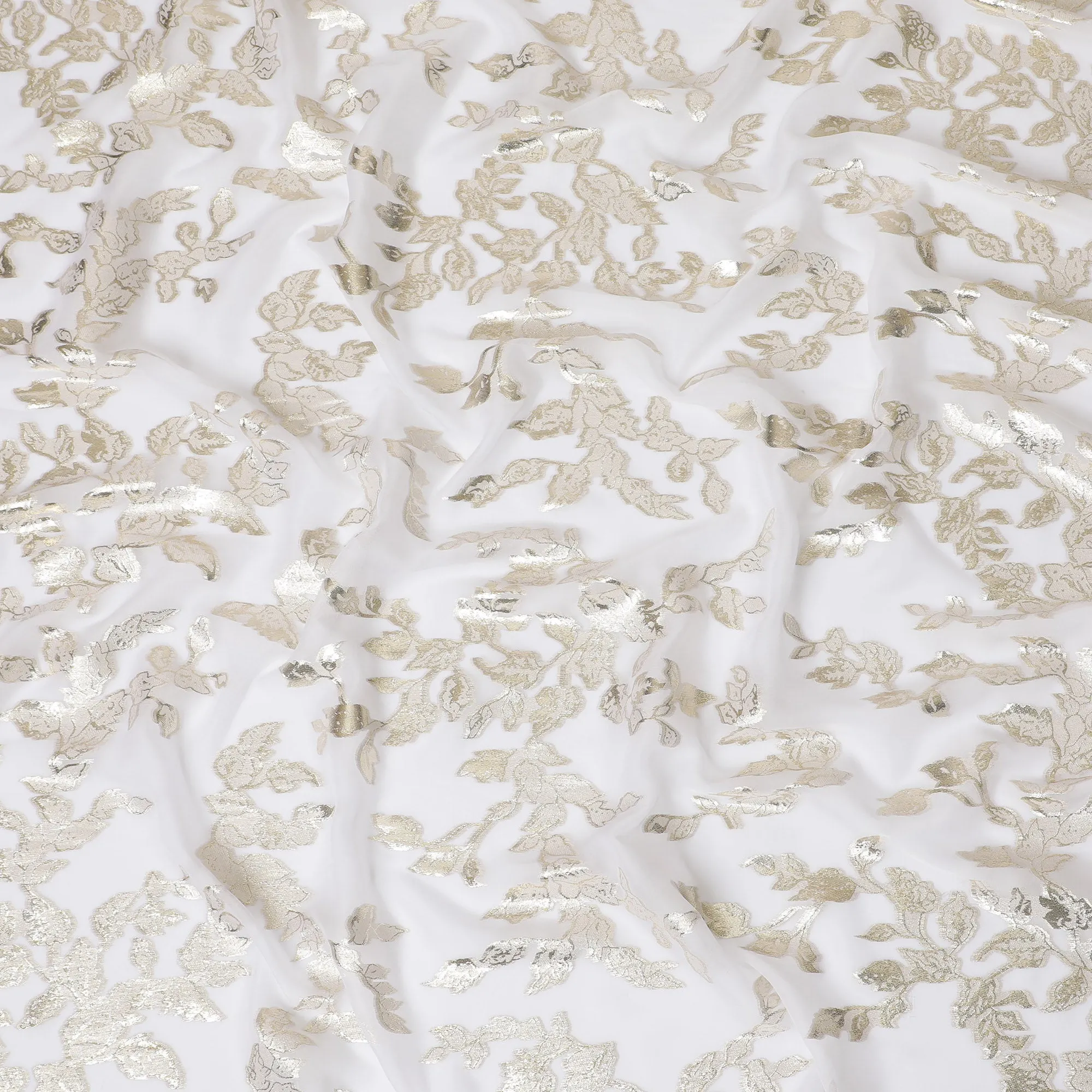 Elegant White Silk Chiffon Fabric with Metallic Lurex Floral Design, 110 cm Width, South Korea-D19720