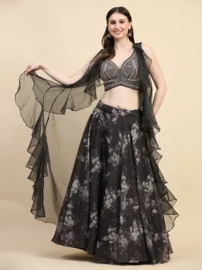 Floral Printed Black Organza Lehenga Partywear Lehenga - Rent