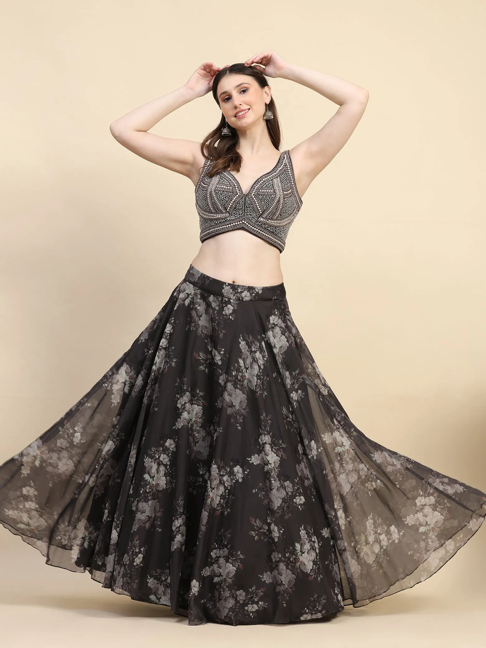 Floral Printed Black Organza Lehenga Partywear Lehenga - Rent