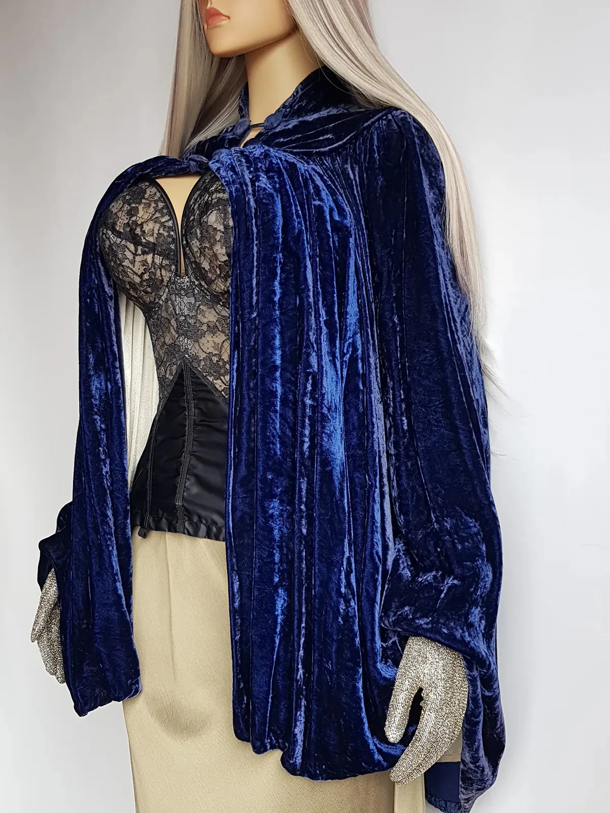 Genuine Rare 1920s Rich Velvet Cape in Blue - Drapes Beautifully - Button Kneck and Open Front - Perfect Romantic Whimsigoth Drama