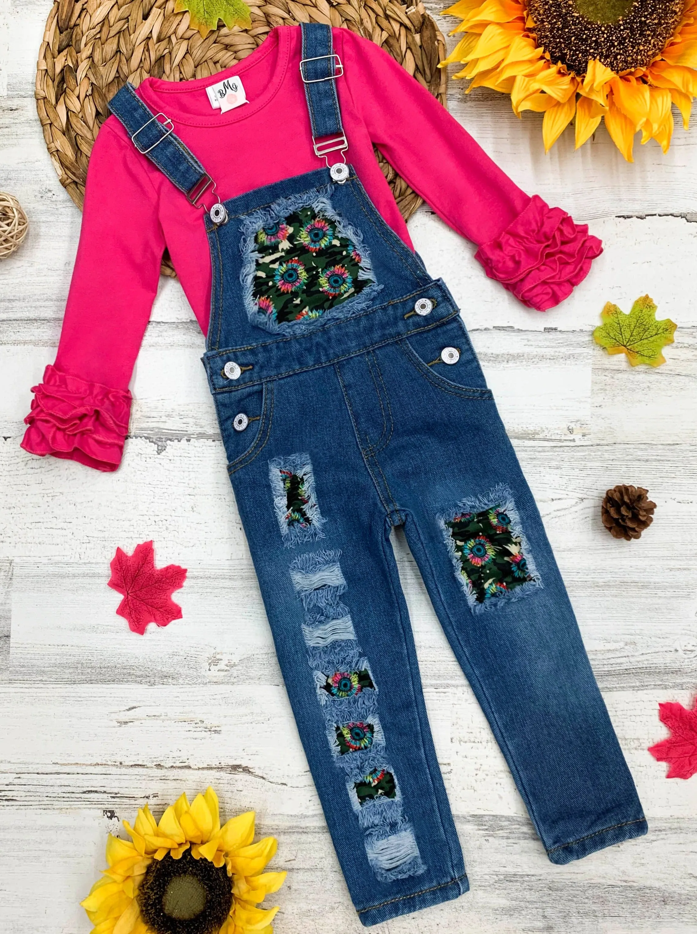 Girls Camo and Sunflower Denim Overall Set