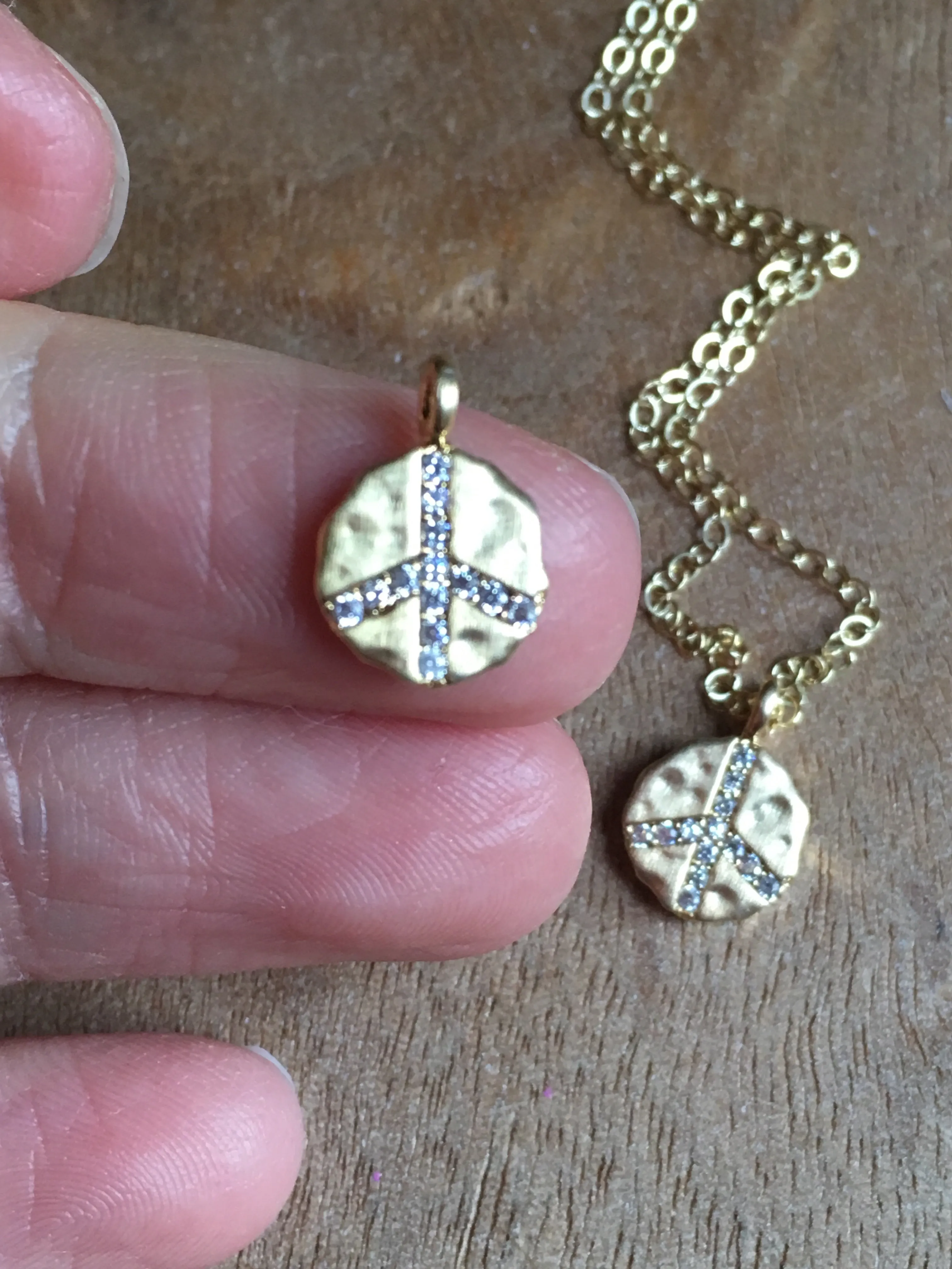 Gold Peace Sign Charm Necklace With Cubic Zirconia