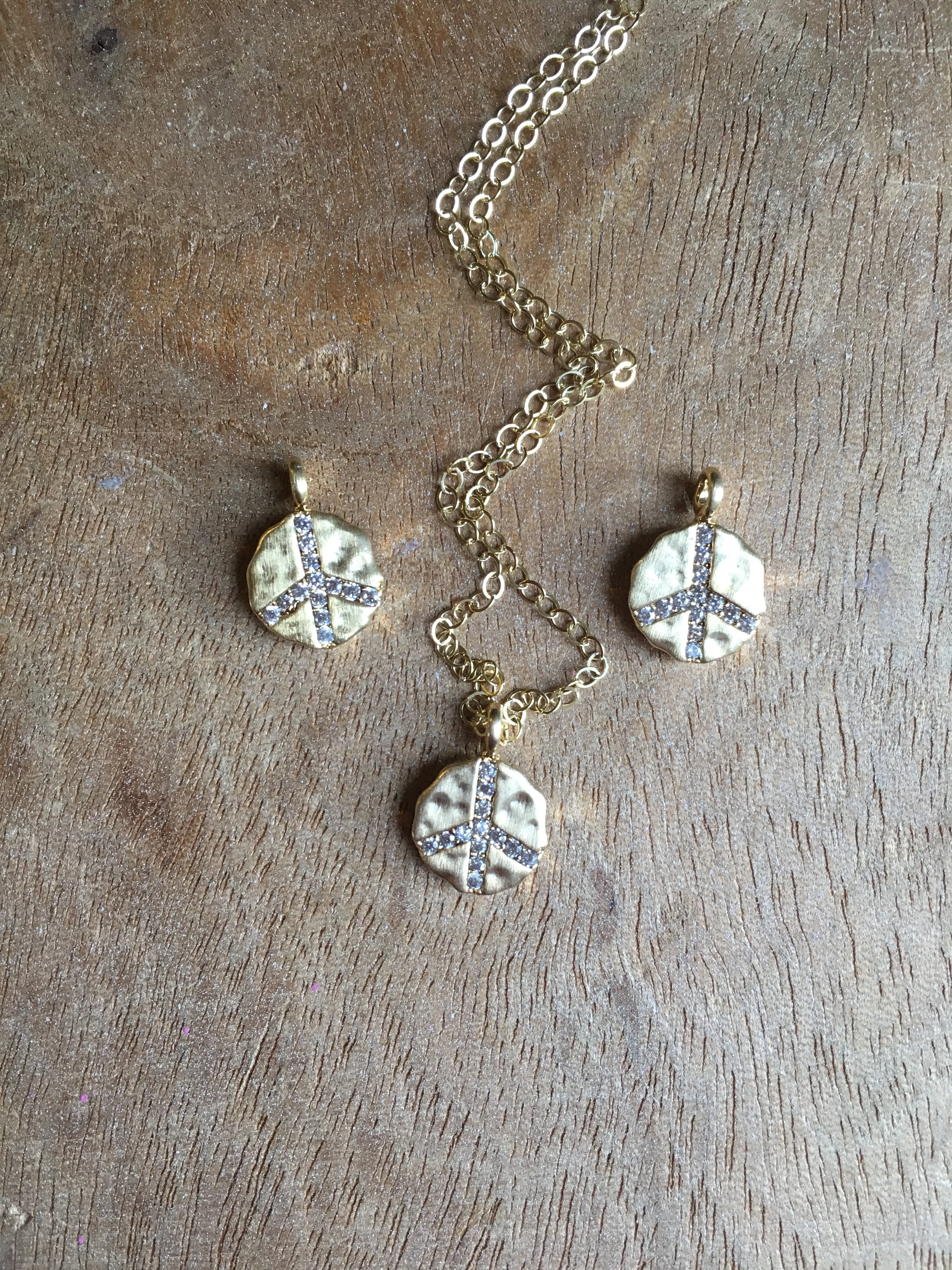 Gold Peace Sign Charm Necklace With Cubic Zirconia