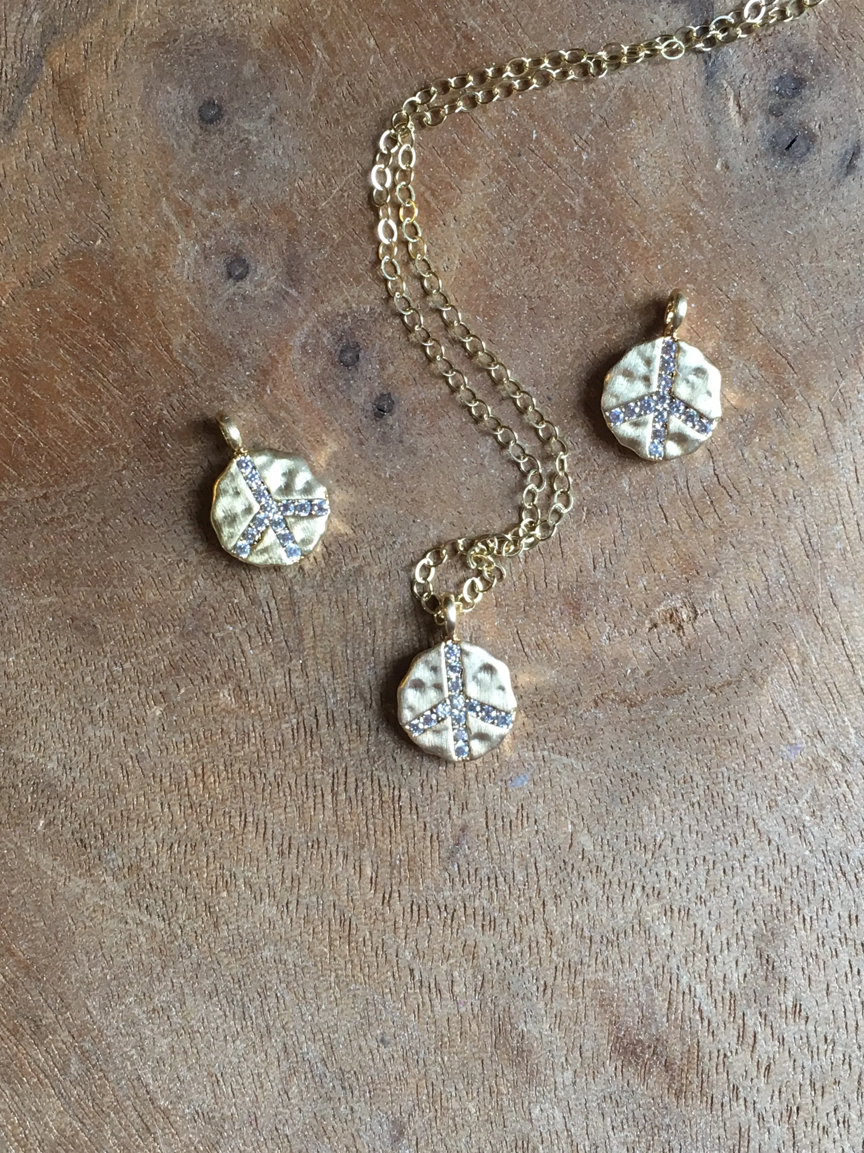 Gold Peace Sign Charm Necklace With Cubic Zirconia