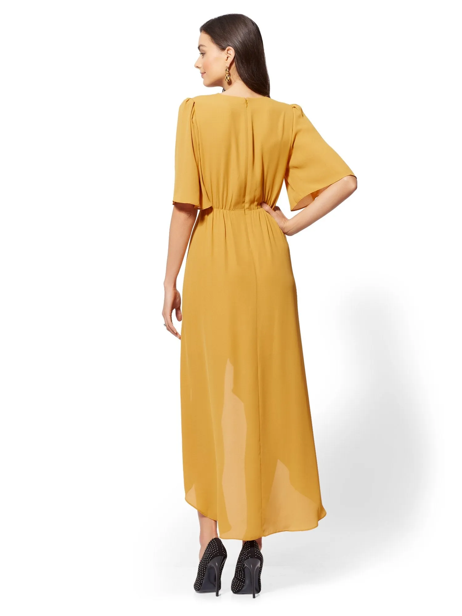 Gold V-Neck Wrap Midi Dress